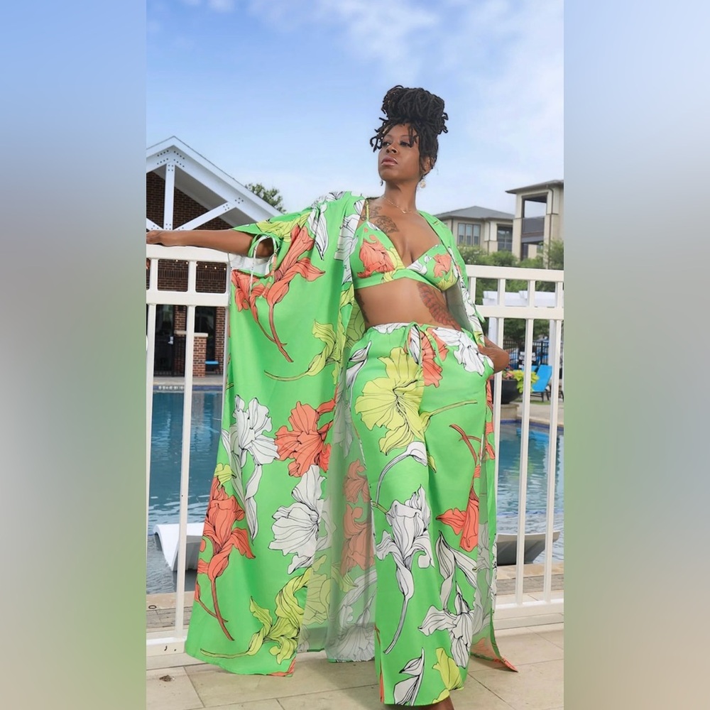 Green Floral Three-Piece Swim Cover-Up Set